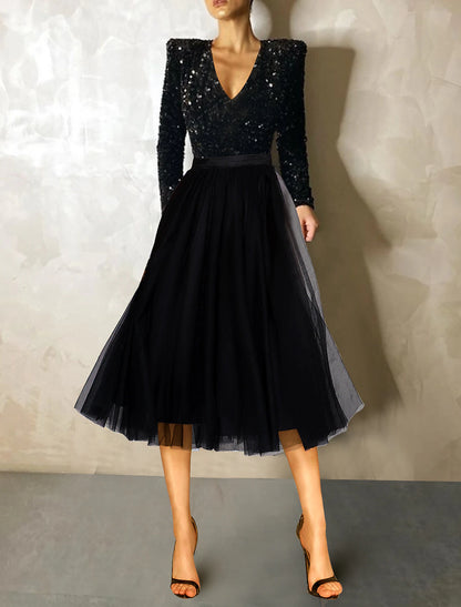 A-Line Cocktail Dress Vintage Dress Evening Party Long Sleeve Jewel Neck with Sequin
