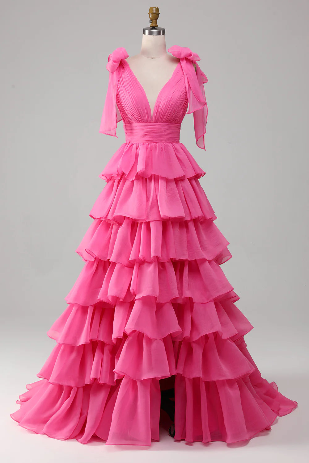 A-Line Princess V-Neck Fuchsia Prom Dress With Slit Court Train Dresses