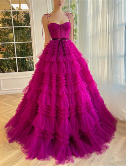 Ball Gown Evening Gown Prom Dress Floor Length Sleeveless Spaghetti Strap Tulle with Ruffles Strappy