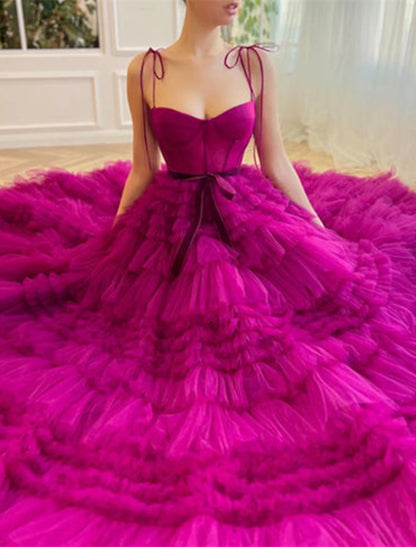 Ball Gown Evening Gown Prom Dress Floor Length Sleeveless Spaghetti Strap Tulle with Ruffles Strappy