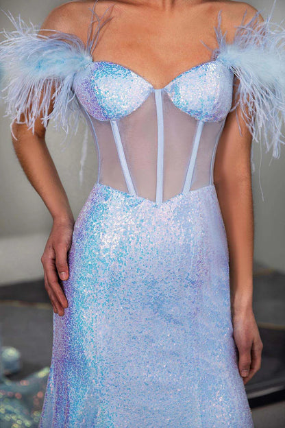 One-shoulder Light Blue Sequin Corset Prom Dress with Feathers Sweep/Brush Train Dresses