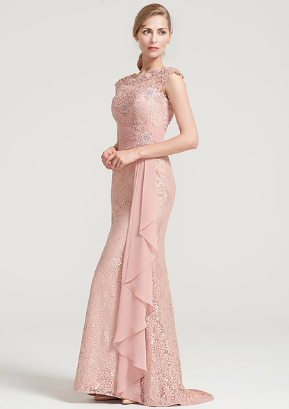 Sheath/Column Bateau Sleeveless Long Lace Dress With Ruffles Appliqued Pleated