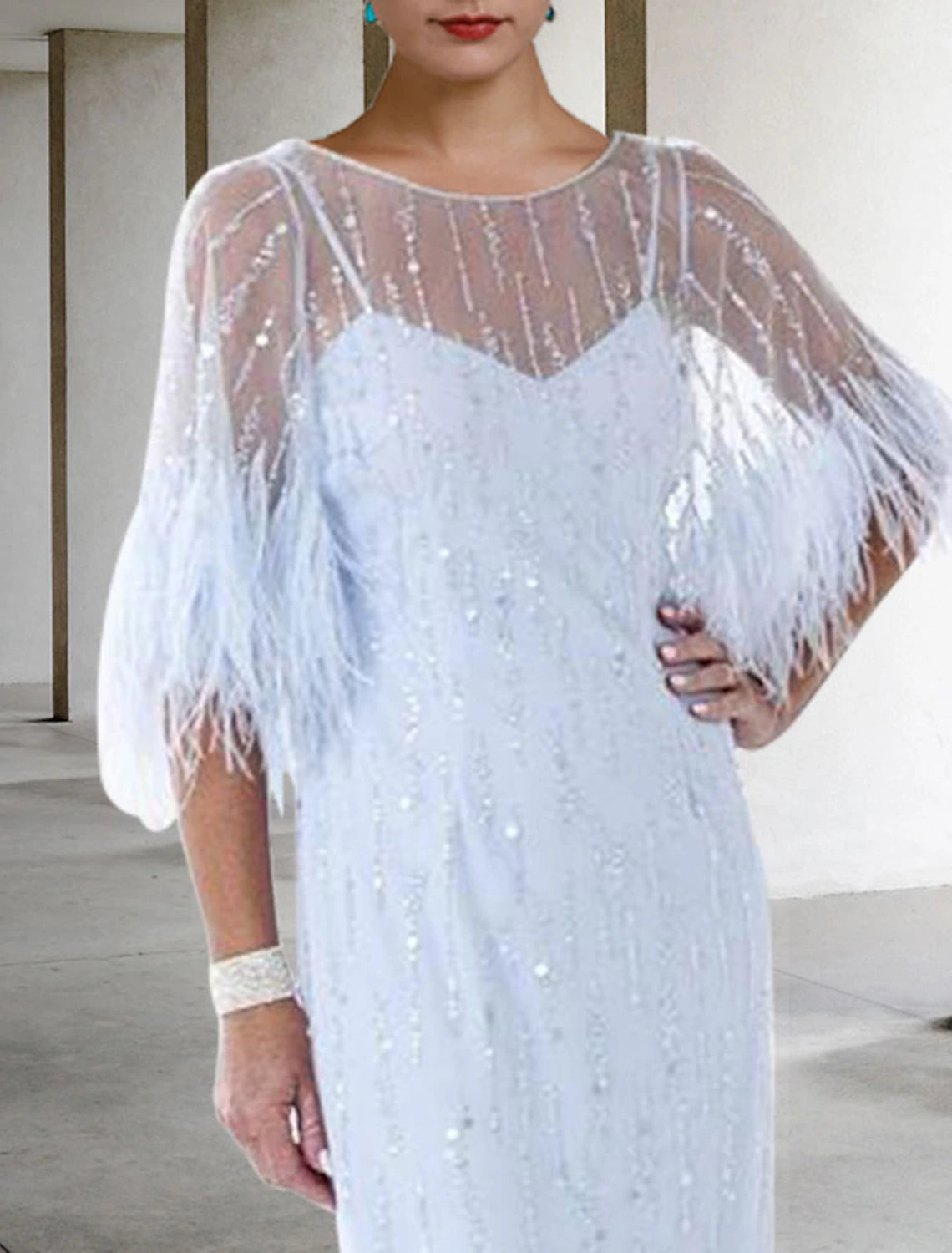 Mother of the Bride Dress Jewel Neck Knee Length Stretch Chiffon Half Sleeve with Feather Beading Sequin