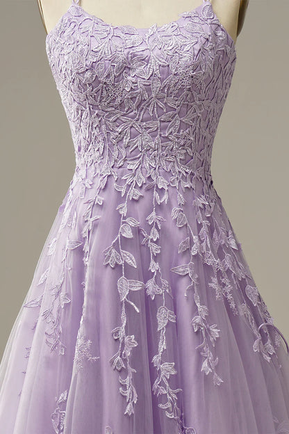 A-Line Prom Dresses Floral Dress Formal Chapel Train Sleeveless Spaghetti Strap Tulle with Appliques