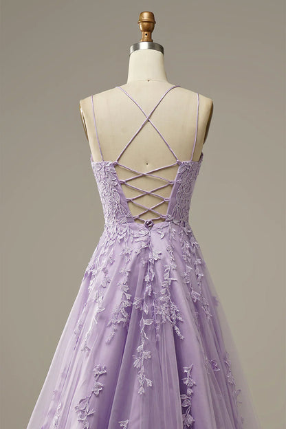 A-Line Prom Dresses Floral Dress Formal Chapel Train Sleeveless Spaghetti Strap Tulle with Appliques