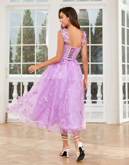 Purple A Line Butterflies Tulle Dress Appliques Prom Dress