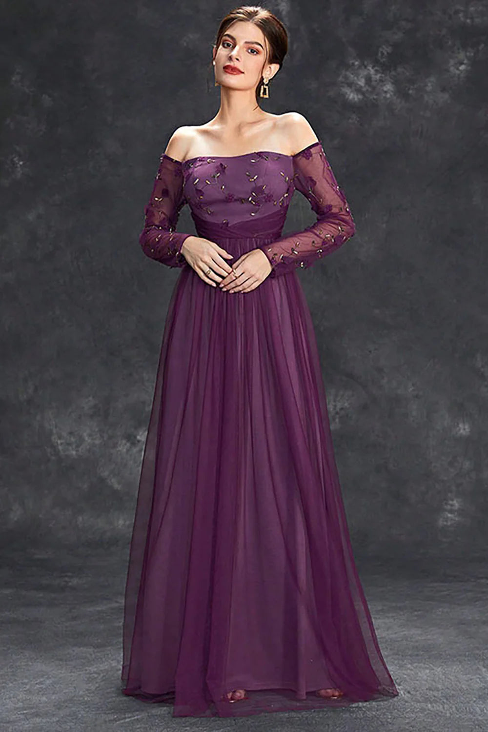 Dark Purple Tulle Off The Shoulder Formal Wedding Guest Dresses with Sleeves