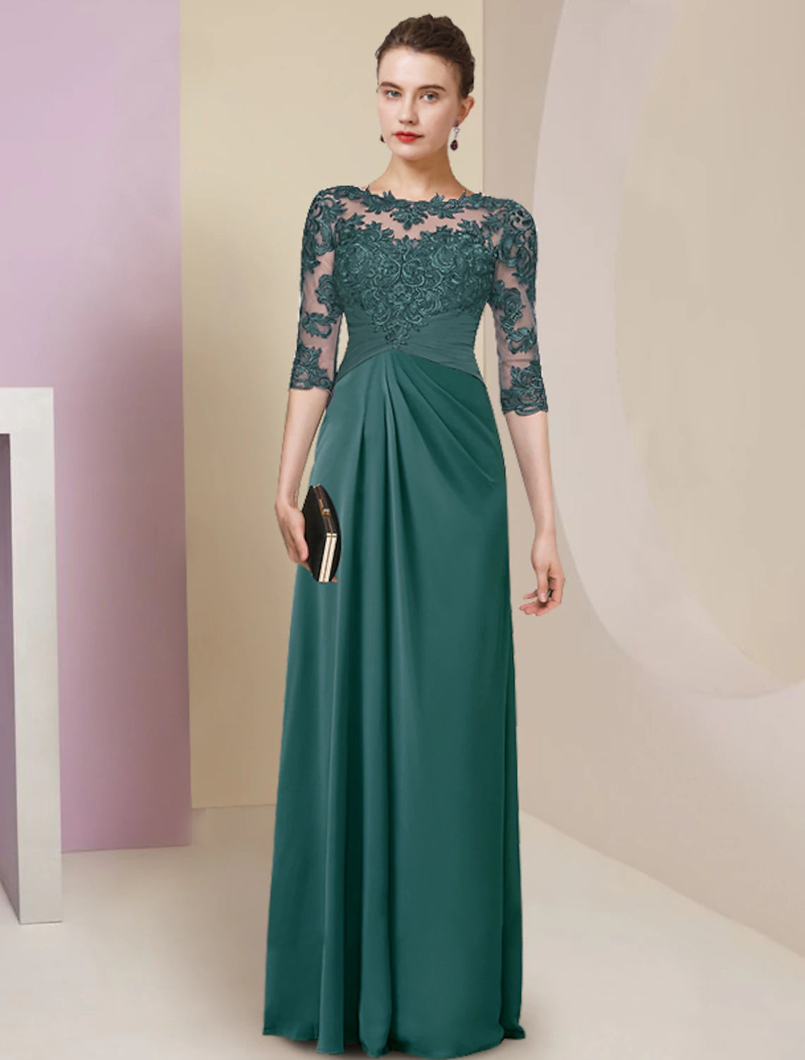 Sheath / Column Mother of the Bride Dress Elegant Simple Jewel Neck Floor Length Chiffon Lace Half Sleeve with Pleats Solid Color