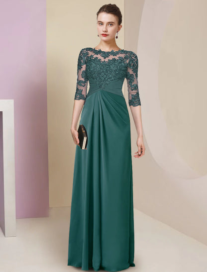 Sheath / Column Mother of the Bride Dress Elegant Simple Jewel Neck Floor Length Chiffon Lace Half Sleeve with Pleats Solid Color