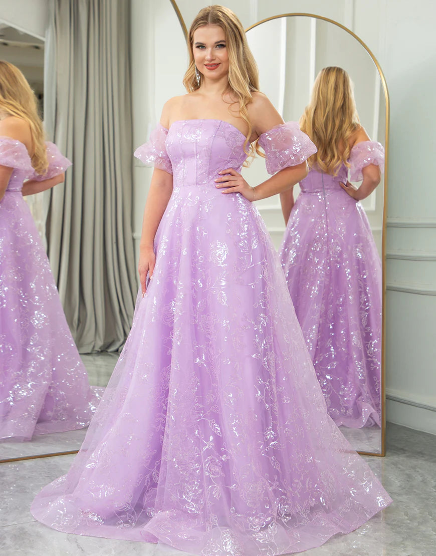 Sparkly Lilac Tulle A Line Off The Shoulder Long Prom Dress