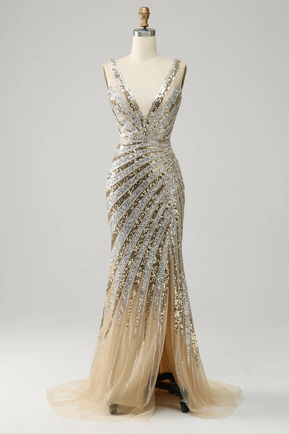 Mermaid Deep V Neck Golden Long Backless Prom Dress with Silt