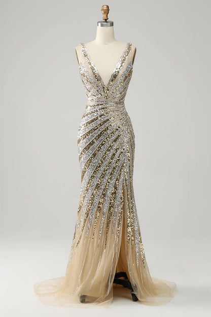 Mermaid Deep V Neck Golden Long Backless Prom Dress with Silt