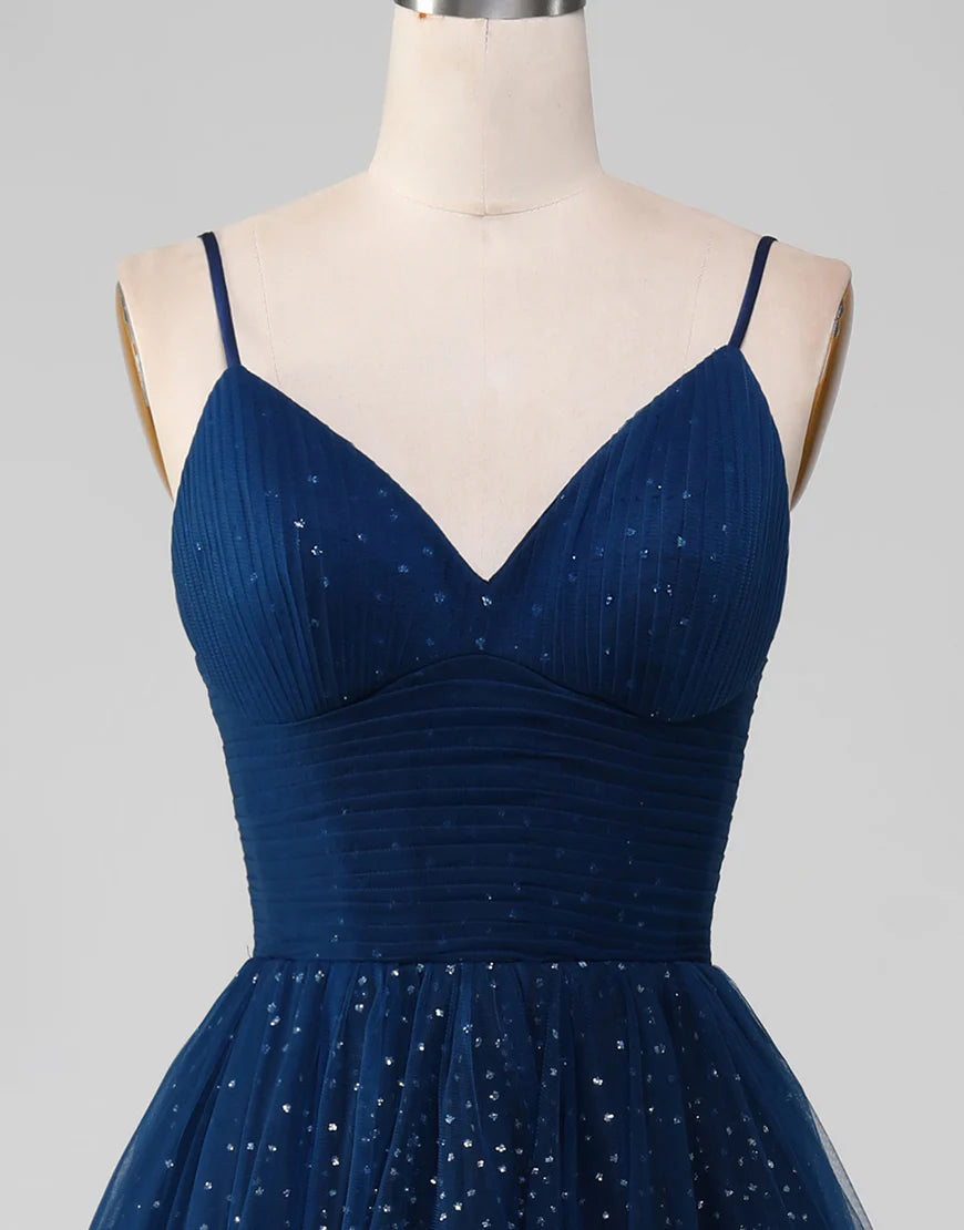 Sequins/Sparkling Navy A Line Long Tulle Prom Dress With Slit