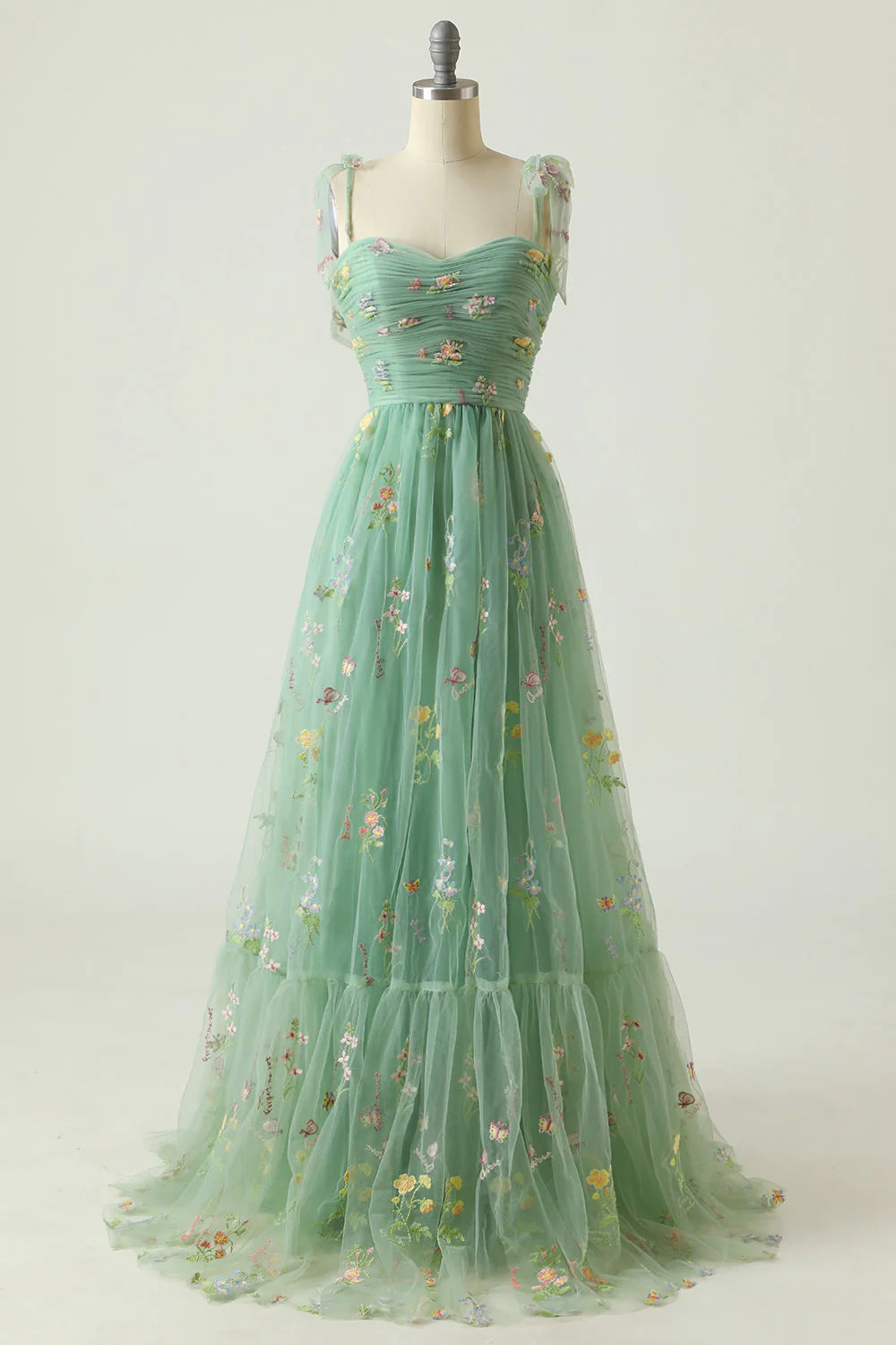 A Line Spaghetti Strap Tulle Prom Dress With Embroidery