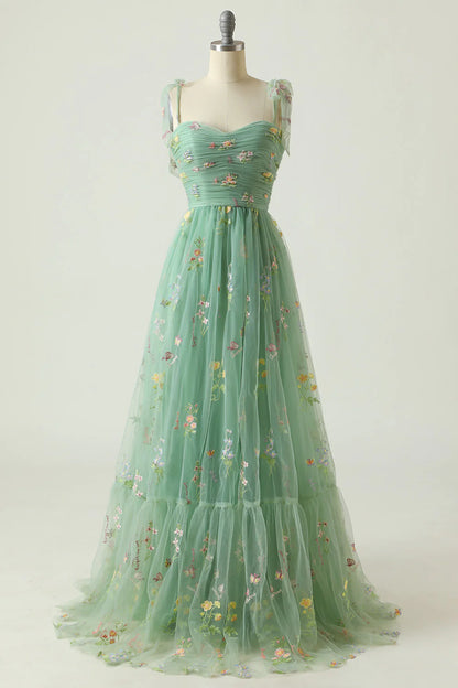 A Line Spaghetti Strap Tulle Prom Dress With Embroidery