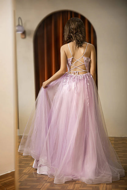A-Line Princess Lilac Senior Long Tulle Prom Dress With Appliques
