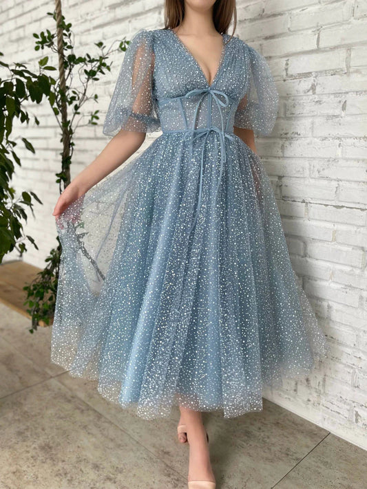 Cute A-Line Tulle Tea Length Gray Blue Prom Dress Wedding Party Dress