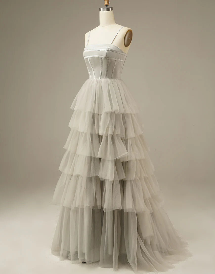 Light Grey Tiered Tulle Princess Ballgown Prom Dress