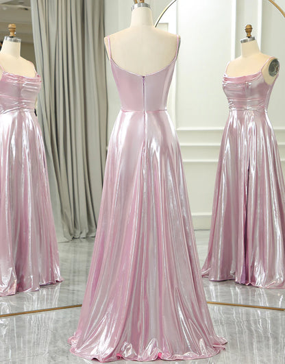 Sparkly Pink A Line Spaghetti Straps Long Prom Dress With Slit