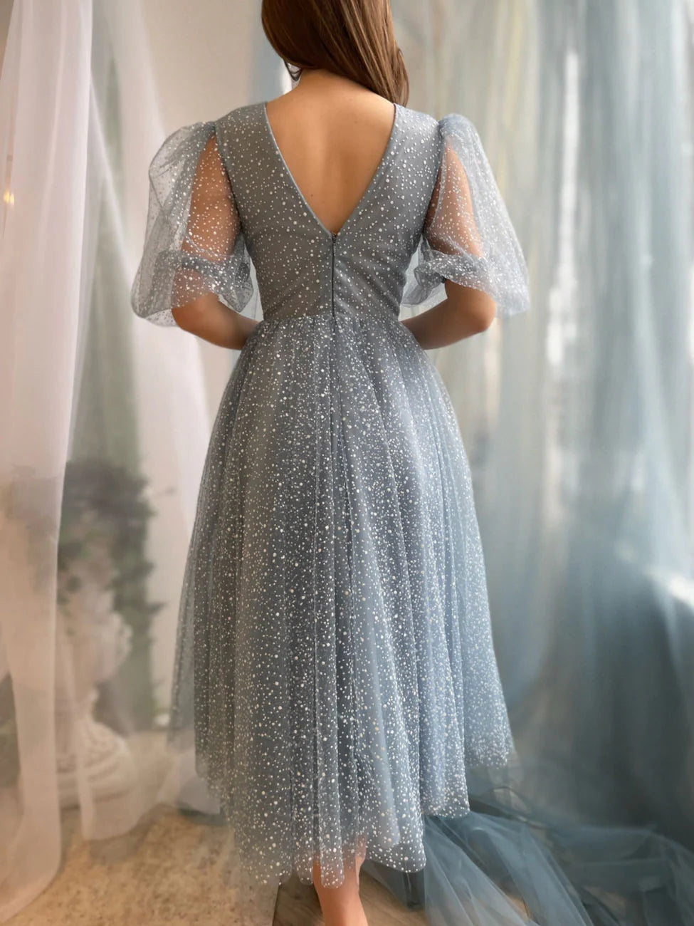 Cute A-Line Tulle Tea Length Gray Blue Prom Dress Wedding Party Dress