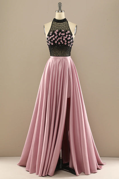 A-Line Halterneck Long Beaded Evening Dress Prom Dress With Flowers