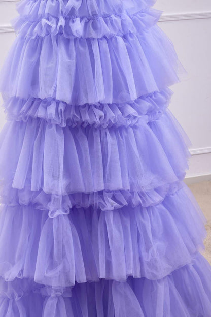 A-Line Tulle Lavender V-Neck Appliques Layered Prom Dress