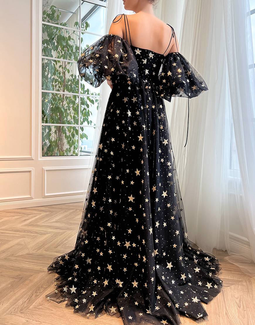 A-Line Side Slit Black Tulle Long Prom Dress with Stars