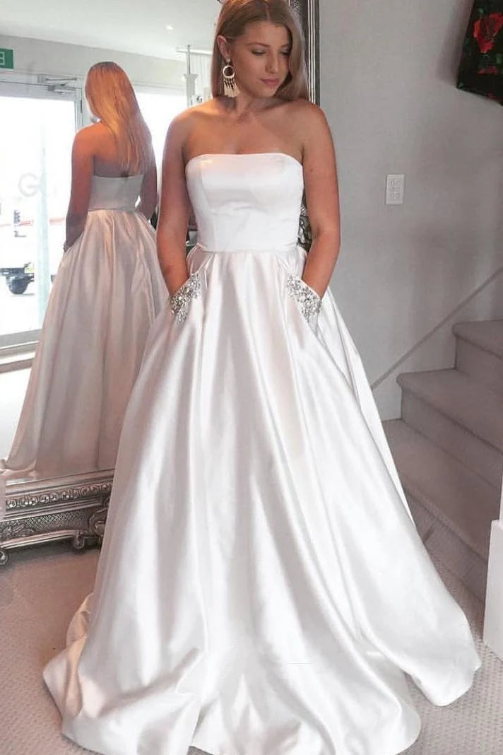 A-Line Elegant Beaded Pockets Strapless Long Prom Dress