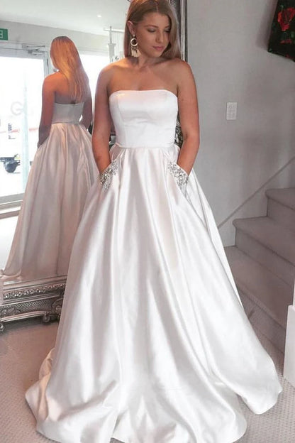 A-Line Elegant Beaded Pockets Strapless Long Prom Dress