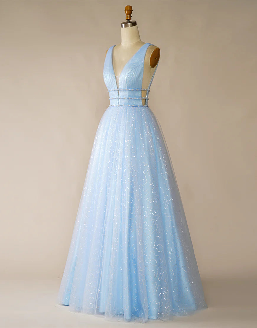 A-Line V-Neck Light Blue Tulle Long Prom Dress