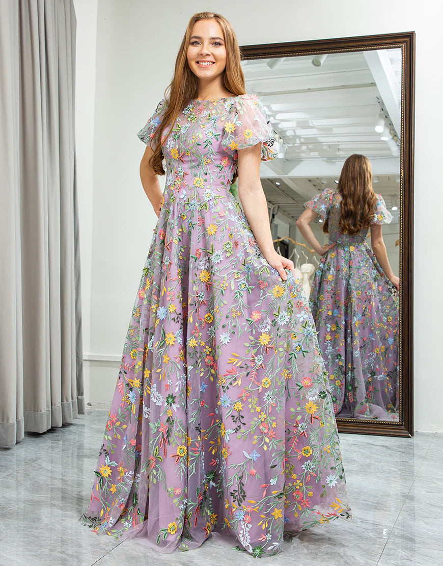 Mauve A-Line Embroidered Long Prom Dress With Appliqued