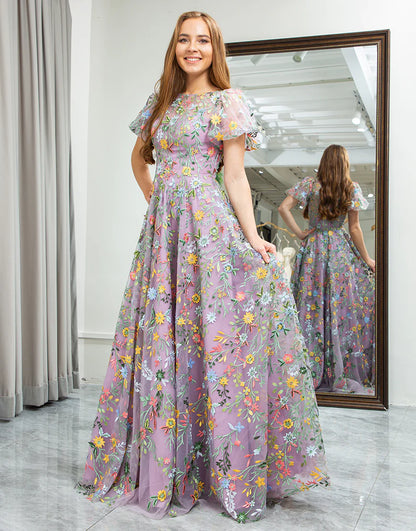 Mauve A-Line Embroidered Long Prom Dress With Appliqued