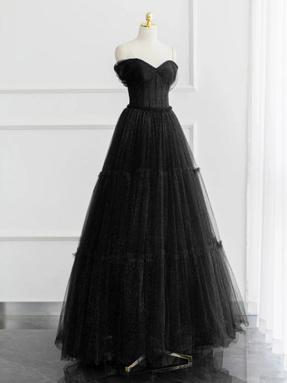 A-line Off Shoulder Tulle Shiny Burgundy Long Prom Dress Formal Dress