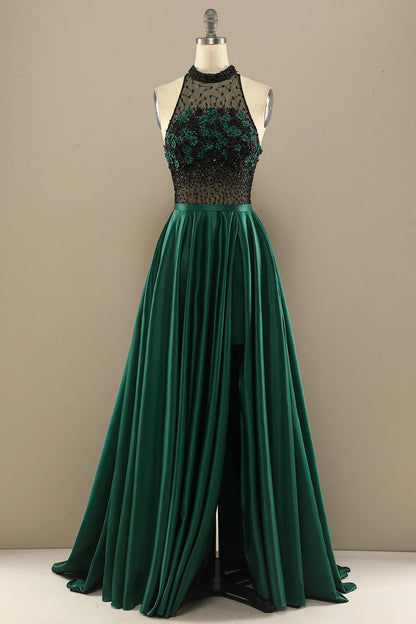 A-Line Halterneck Long Beaded Evening Dress Prom Dress With Flowers