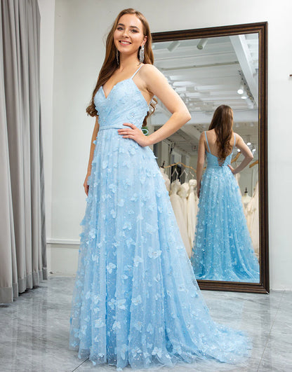 A Line Spaghetti Straps Beaded Prom Dress 3D Butterfly With Slit
