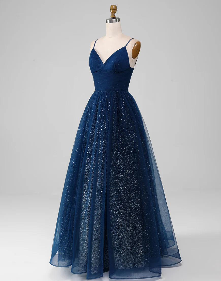 Sequins/Sparkling Navy A Line Long Tulle Prom Dress With Slit