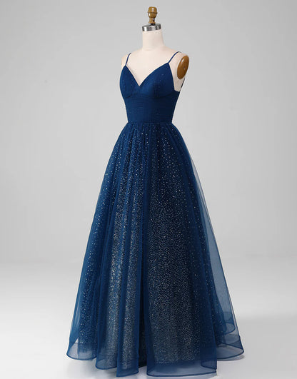 Sequins/Sparkling Navy A Line Long Tulle Prom Dress With Slit