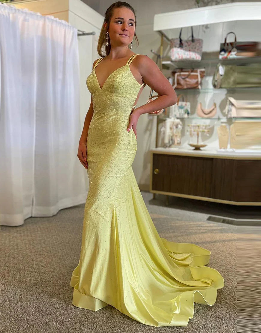 Lavender V-Neck Mermaid Open Back Backless Prom Dress