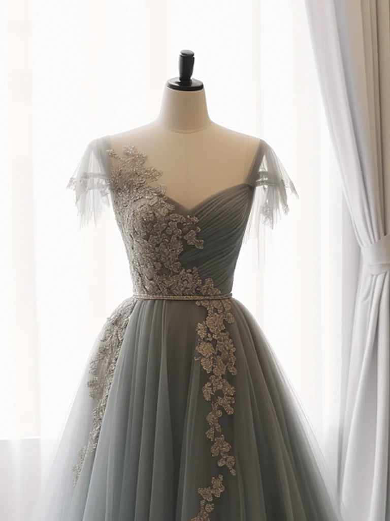A-Line Sweetheart Neck Tulle Lace Gray Blue Formal Long Prom Dress