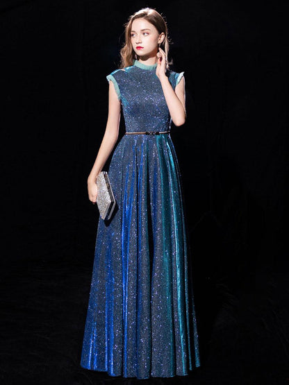 A-Line Ball Gown Jewel Neck Sequined Floor-Length Sash Formal Evening Dress