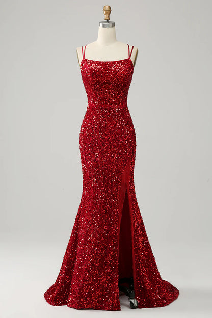 Sequins/Sparkling Mermaid Red Sparkly Backless Long Prom Dress with Fringes