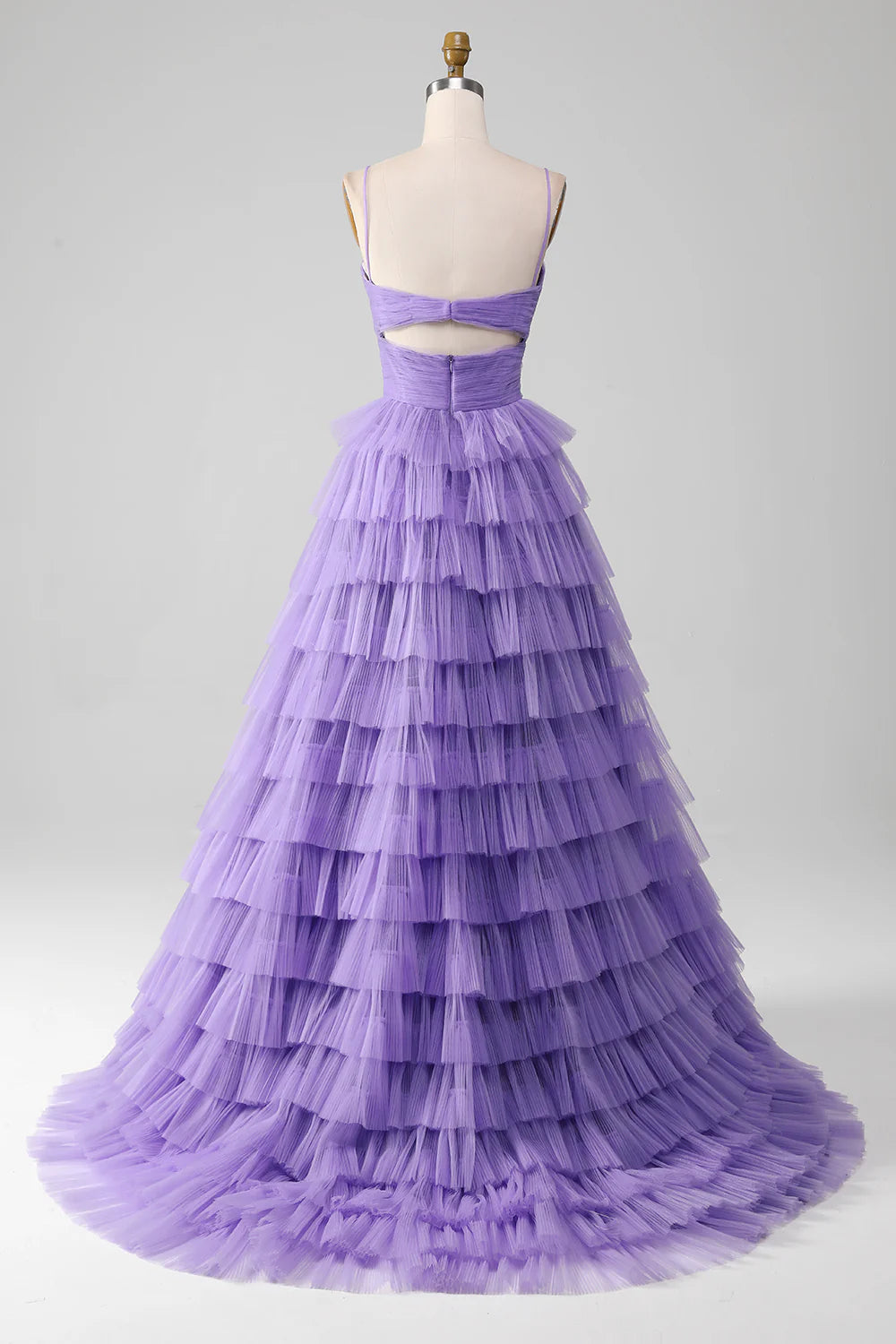 A-Line Princess Purple Tulle Tiered Long Prom Dress with Slit Court Train Dresses