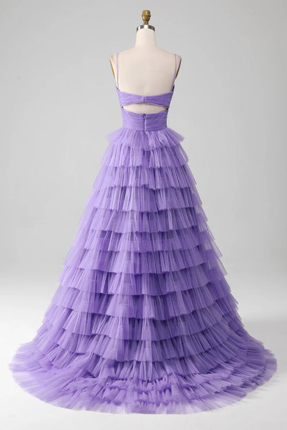 A-Line Princess Purple Tulle Tiered Long Prom Dress with Slit Court Train Dresses