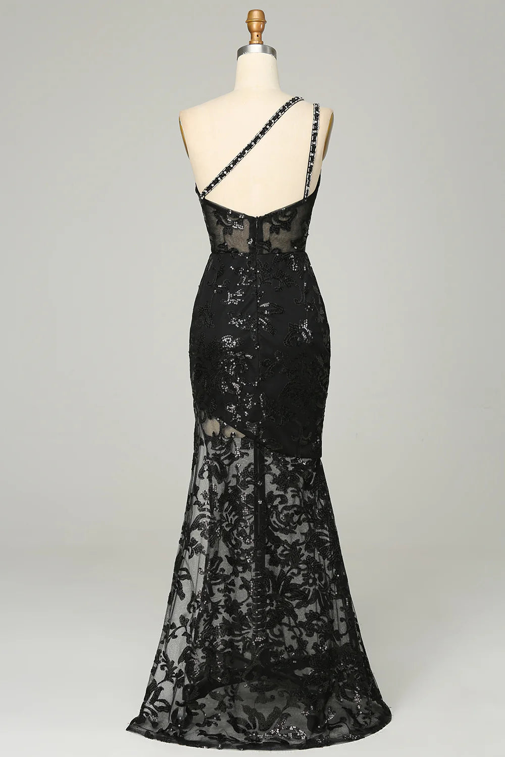 Mermaid Sheath One Shoulder Backless Sequins Black Lace Long Prom Dress