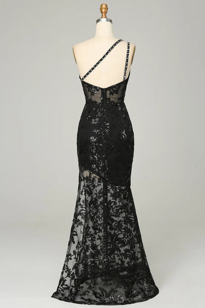 Mermaid Sheath One Shoulder Backless Sequins Black Lace Long Prom Dress