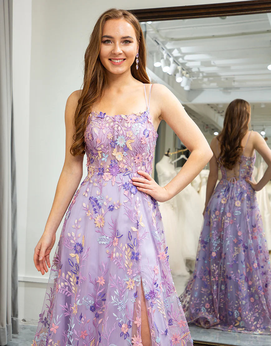 A Line Spaghetti Strap Appliqued Lace Floor-length Prom Dress With Slit