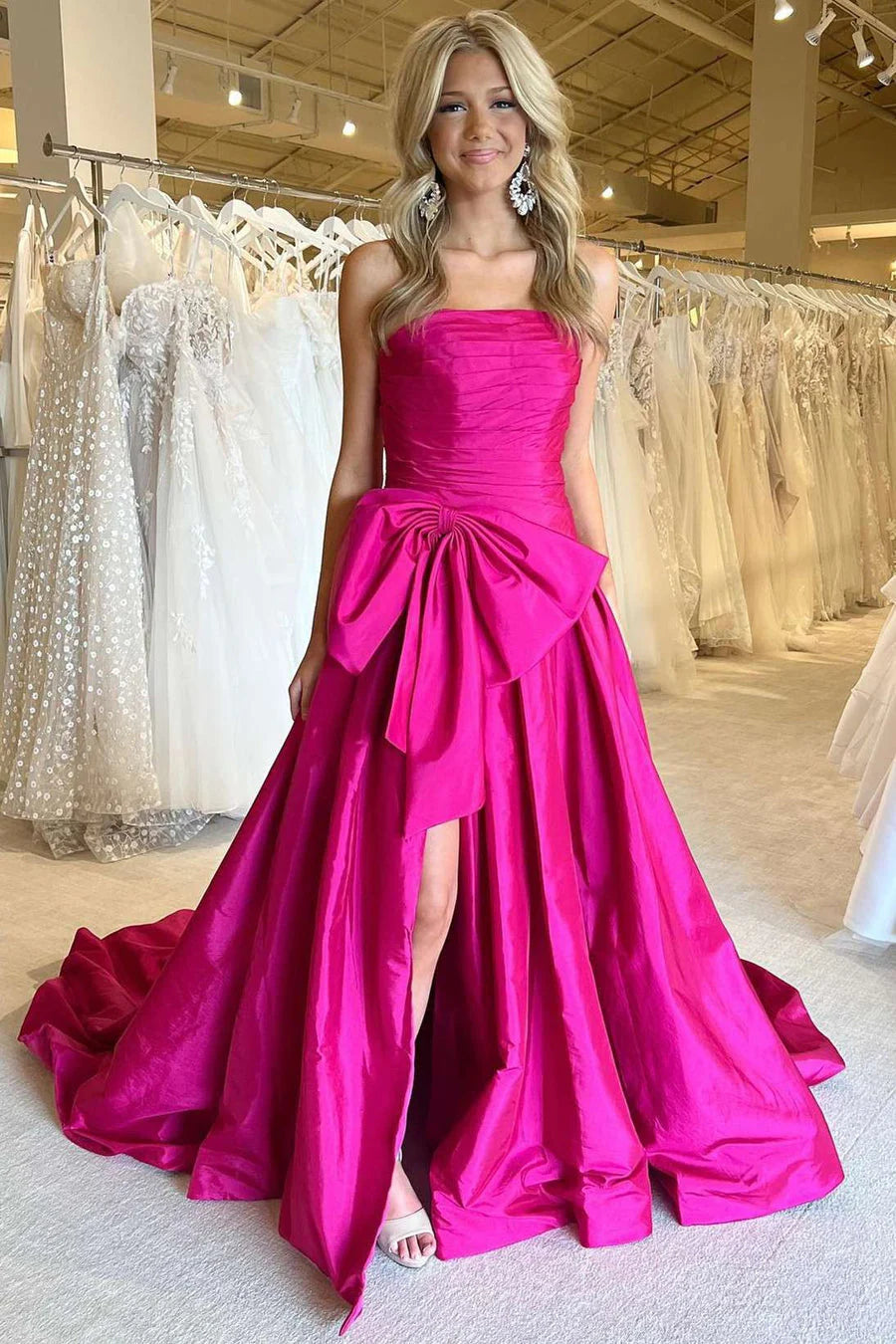 A-Line Strapless Light Blue Satin Long Prom Dress with Bow Court Train Dresses