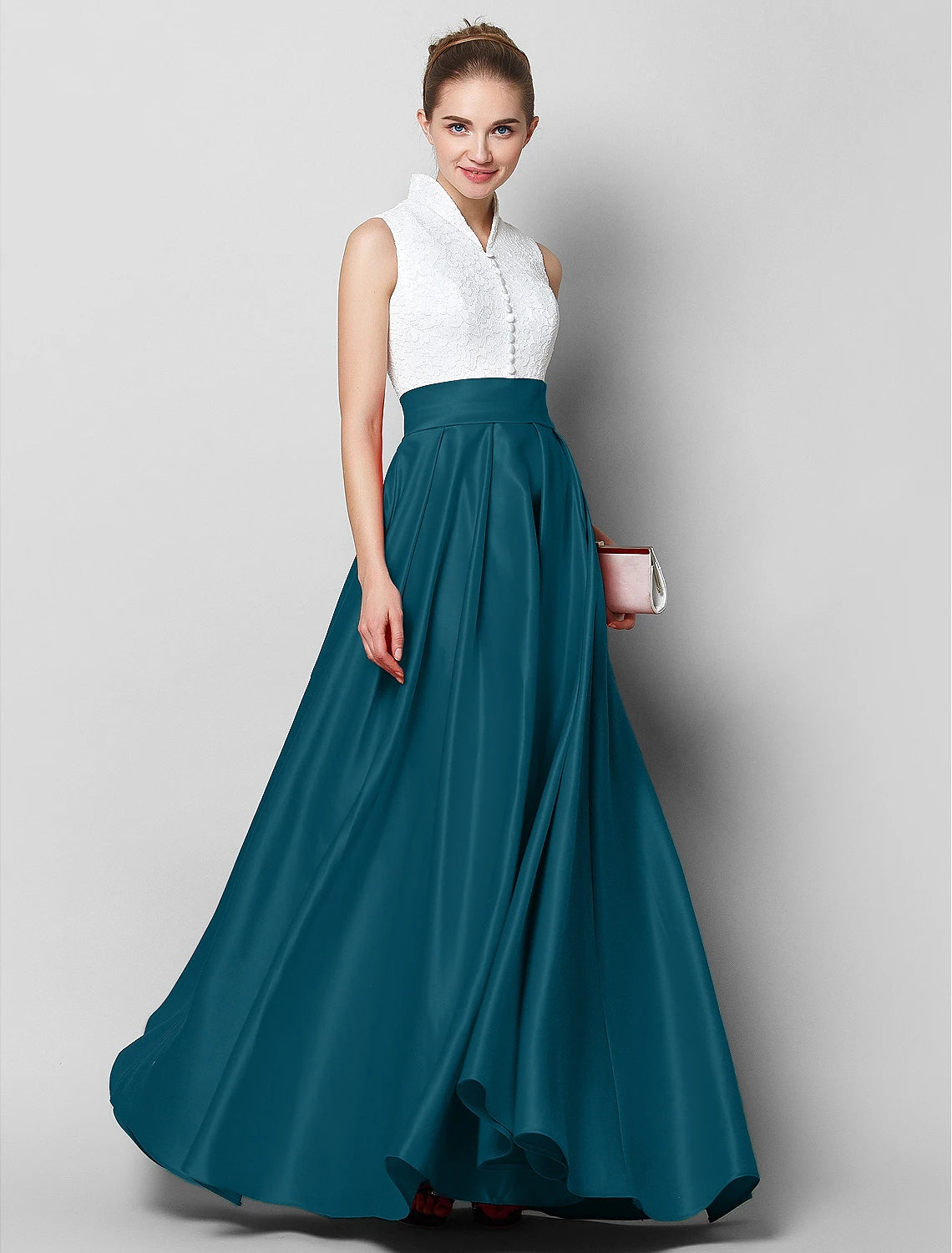 A-Line Formal Evening Black Tie Gala Floor Length Sleeveless High Neck Satin with Pleats