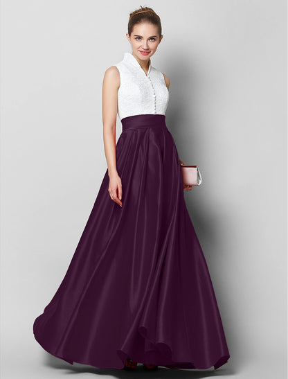 A-Line Formal Evening Black Tie Gala Floor Length Sleeveless High Neck Satin with Pleats