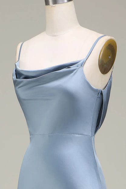 Dusty Blue Sheath Spaghetti Straps Floor-length Satin Bridesmaid Dress Evening Dresses